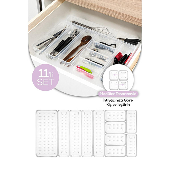 Vienev Çekmece İçi Kaşıklık - Dolap İçi Çatal-kaşık Bıçak Düzenleyici Organizer 11li Set Beyaz