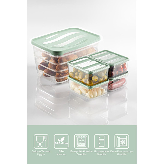 Vienev 5'li Set Dondurucu Ve Mikrodalgaya Uygun Buzdolabı Düzenleyici 1x(5 Litre) 4x(775 Ml) Mint Yeşili