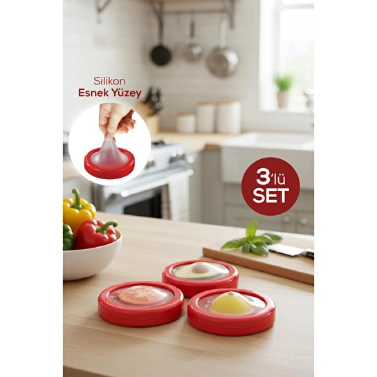 Vienev 3'lü Buzdolabı Için Yarım Meyve Ve Sebze Koruma Kabı - Limon, Soğan, Domates Saklama Kutusu Kırmızı