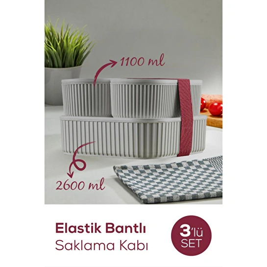 Vienev 3'lü Elastik Bantlı İstiflenebilir Pratik Saklama Kabı Seti 2x 1100 Ml 1x 2600 Ml Gri