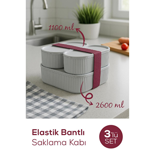 Vienev 3'lü Elastik Bantlı İstiflenebilir Pratik Saklama Kabı Seti 2x 1100 Ml 1x 2600 Ml Gri