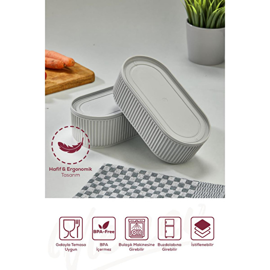 Vienev 3'lü Elastik Bantlı İstiflenebilir Pratik Saklama Kabı Seti 2x 1100 Ml 1x 2600 Ml Gri