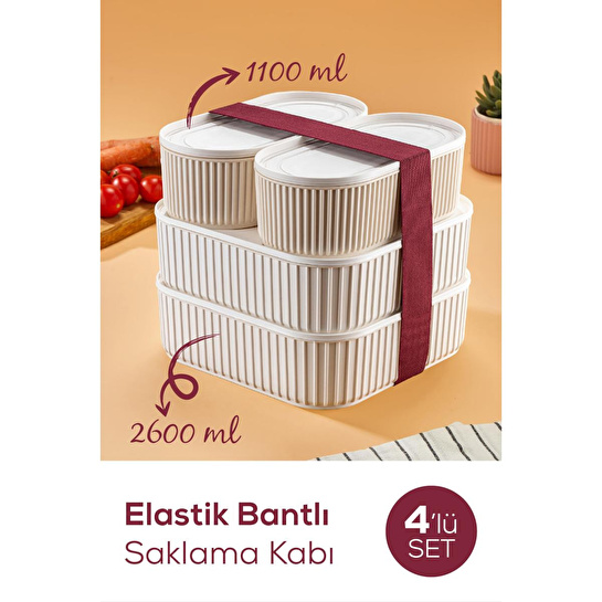 Vienev 4'lü Elastik Bantlı İstiflenebilir Pratik Saklama Kabı Seti 2x(1100 Ml) 2x(2600 Ml) Bej