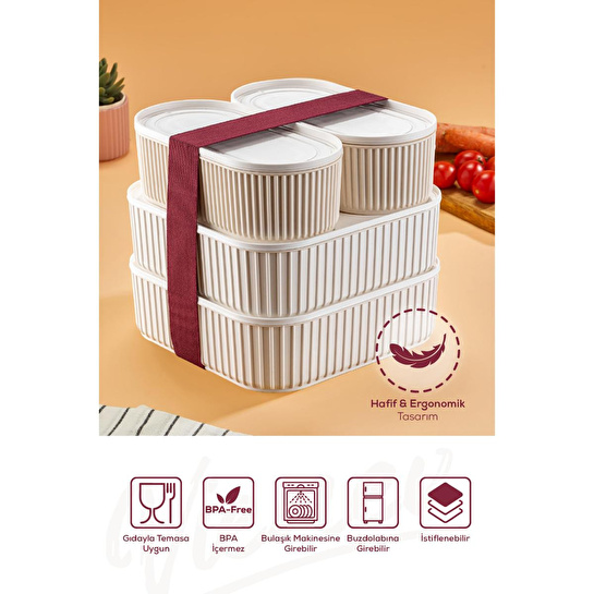 Vienev 4'lü Elastik Bantlı İstiflenebilir Pratik Saklama Kabı Seti 2x(1100 Ml) 2x(2600 Ml) Bej