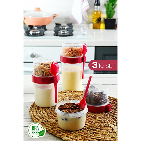 Vienev 3'lü Set Çatallı Kaşık Hazırla Ve Çık Meyveli Yoğurt Kabı - Öğün Kabı Pembe