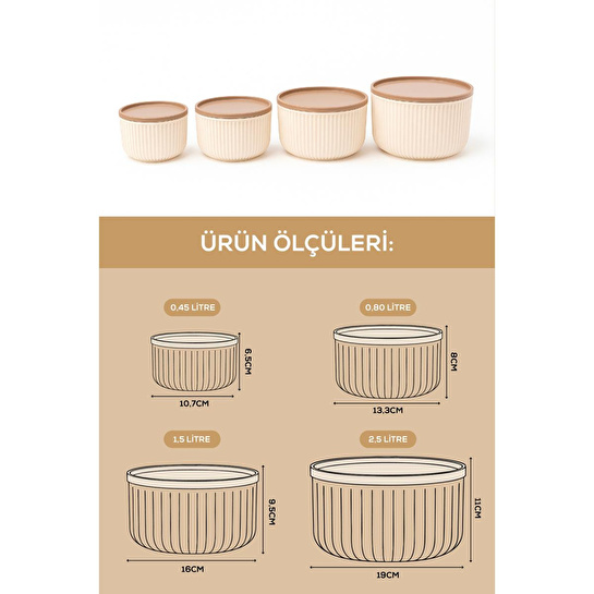 Vienev 16'lı Çizgili Yuvarlak Saklama Kabı Seti Bej