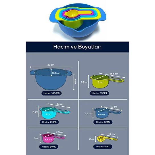 Vienev Renkli 6 Parça İç İçe Geçen Ölçü Kabı Ve Karıştırma Kasesi Seti | 1000-230-150-85-60-15 Ml