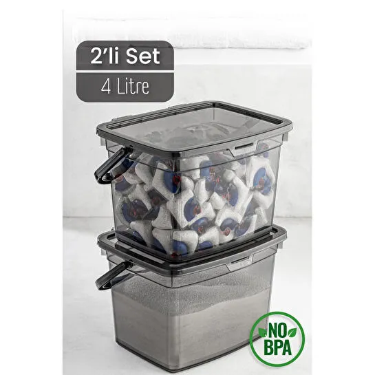 Vienev 2li 4 Litre Toz Tablet Deterjan Saklama Kabı - Deterjan Kutusu, Toz Tablet Deterjan Kabı Antrasit