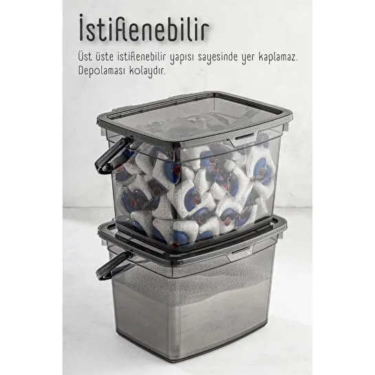 Vienev 2li 4 Litre Toz Tablet Deterjan Saklama Kabı - Deterjan Kutusu, Toz Tablet Deterjan Kabı Antrasit