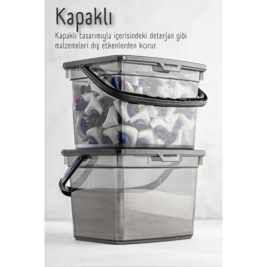 Vienev 2li 4 Litre Toz Tablet Deterjan Saklama Kabı - Deterjan Kutusu, Toz Tablet Deterjan Kabı Antrasit