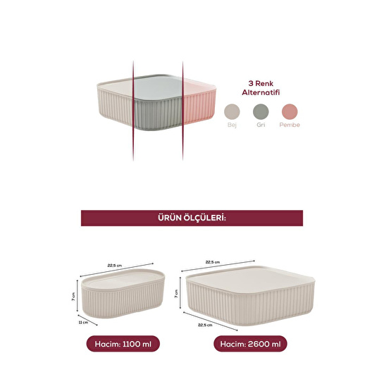 Vienev 3'lü Elastik Bantlı İstiflenebilir Pratik Saklama Kabı Seti 2x 1100 Ml 1x 2600 Ml Bej