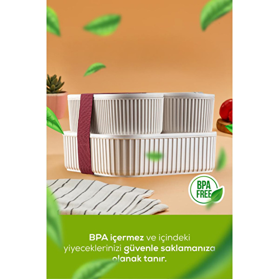 Vienev 3'lü Elastik Bantlı İstiflenebilir Pratik Saklama Kabı Seti 2x 1100 Ml 1x 2600 Ml Bej