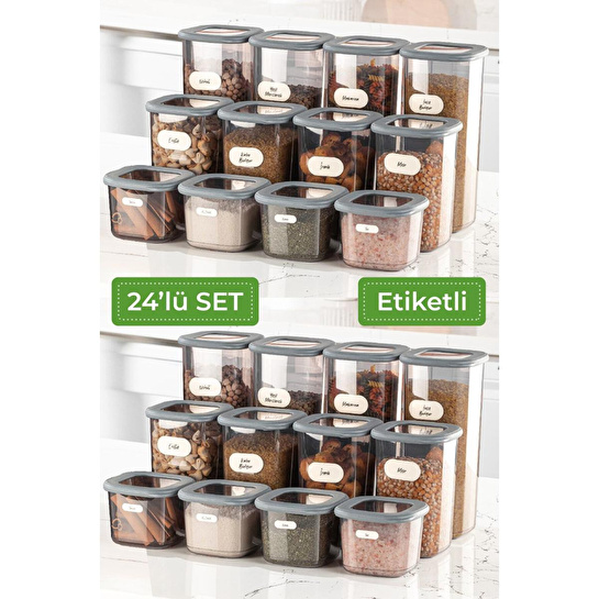 Vienev 24'lü Etiketli Poly Kare Erzak Saklama Kabı Set 8x(0,55 Li̇tre, 1,2 Li̇tre, 1,75 Li̇tre) Antrasit