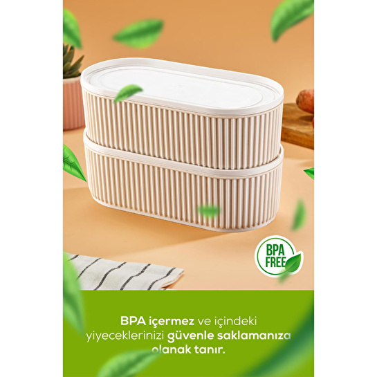 Vienev 2'li Elastik Bantlı İstiflenebilir Pratik Saklama Kabı Seti 2x(1100 Ml) Bej