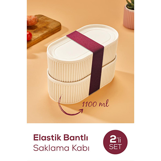 Vienev 2'li Elastik Bantlı İstiflenebilir Pratik Saklama Kabı Seti 2x(1100 Ml) Bej