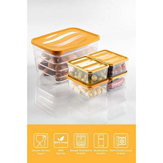 Vienev 5'li Set Dondurucu Ve Mikrodalgaya Uygun Buzdolabı Düzenleyici 1x(5 Litre) 4x(775 Ml) Turuncu