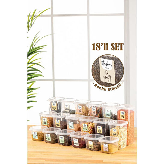 Vienev Renkli Etiketli 18li Peggy Kare Erzak Saklama Kabı 6x(0,55 Litre, 1,2 Litre, 1,75 Litre) Beyaz