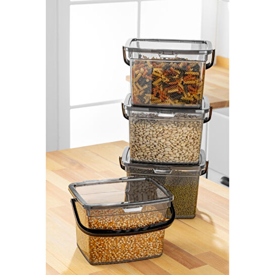 Vienev Mega Boy 4'lü Kare Un Bakliyat Kabı 4 Litre - Kulplu Deterjanlık Saklama Kutusu Kabı Antrasit