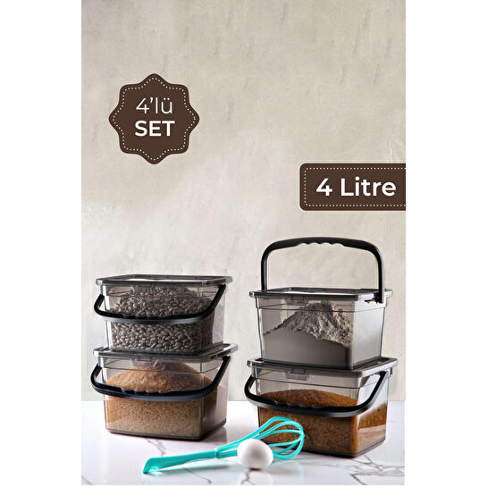 Vienev Mega Boy 4'lü Kare Un Bakliyat Kabı 4 Litre - Kulplu Deterjanlık Saklama Kutusu Kabı Antrasit