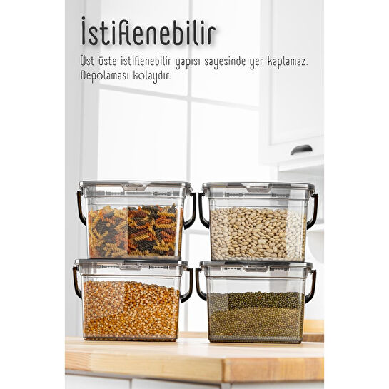 Vienev Mega Boy 4'lü Kare Un Bakliyat Kabı 4 Litre - Kulplu Deterjanlık Saklama Kutusu Kabı Antrasit