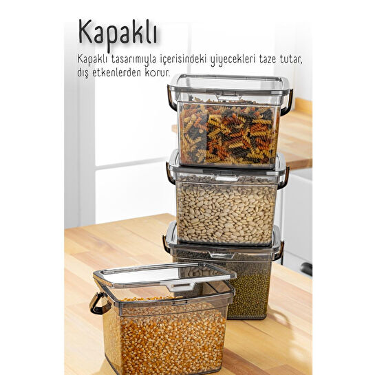 Vienev Mega Boy 4'lü Kare Un Bakliyat Kabı 4 Litre - Kulplu Deterjanlık Saklama Kutusu Kabı Antrasit