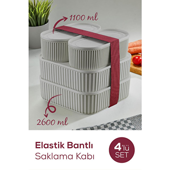 Vienev 4'lü Elastik Bantlı İstiflenebilir Pratik Saklama Kabı Seti 2x 1100 Ml 2x 2600 Ml Gri