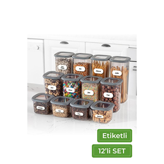 Vienev 12'li Set Etiketli Kare Erzak Saklama Kabı 4x(0,55 Li̇tre, 1,2 Li̇tre, 1,75 Li̇tre) Antrasit