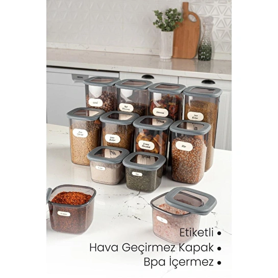 Vienev 12'li Set Etiketli Kare Erzak Saklama Kabı 4x(0,55 Li̇tre, 1,2 Li̇tre, 1,75 Li̇tre) Antrasit