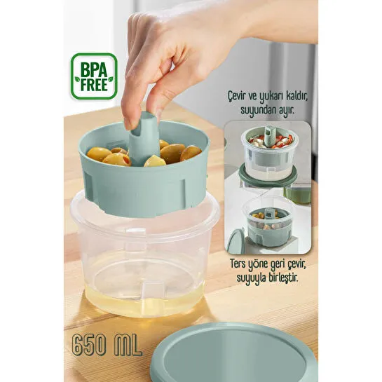 Vienev Sunumluk Zeytin Turşu Peynir Çok Amaçlı Süzgeçli Saklama Kabı Mint
