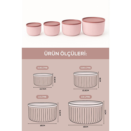 Vienev 8'li Çizgili Yuvarlak Saklama Kabı Seti Pembe