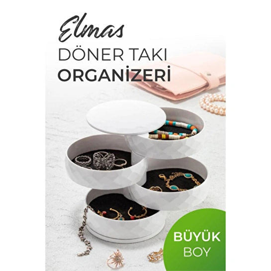 Vienev Elmas 4 Katlı Dönebilen Silindir Takı Organizeri Beyaz