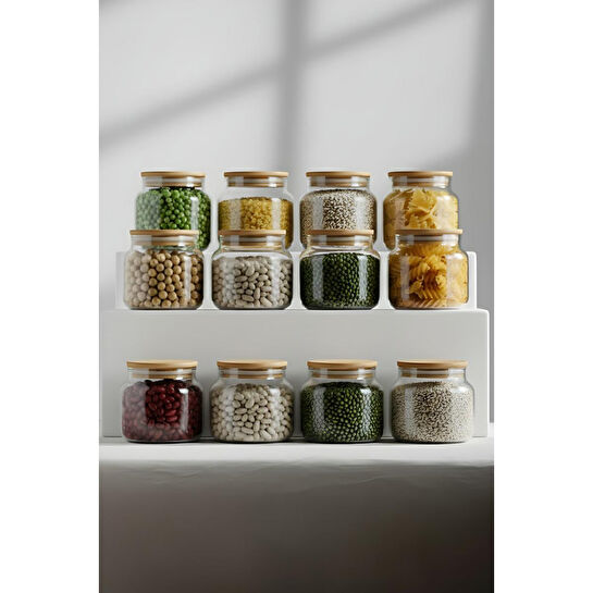 Rakle Basic Bambu Kapaklı 12'li Cam Kavanoz Seti 350 Cc