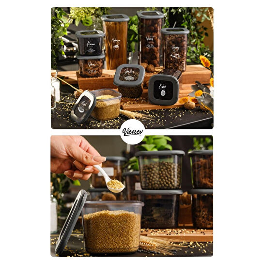 Vienev Beyaz Serigrafi Etiketli Kare Erzak Saklama Kabı 18'li Set 6x(0,55 Li̇tre, 1,2 Li̇tre, 1,75 Li̇tre)