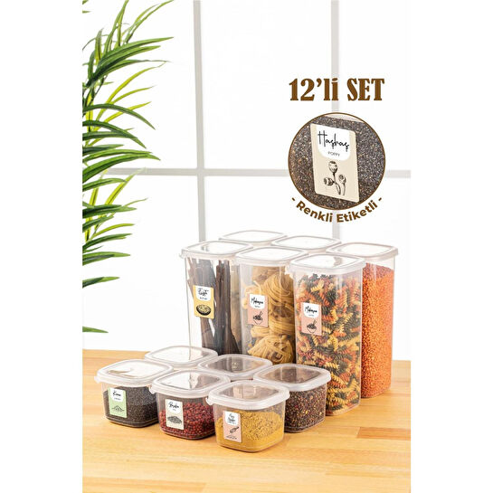 Vienev Renkli Etiketli 12li Peggy Kare Erzak Saklama Kabı 6x(0,55 Litre, 1,75 Litre) Beyaz