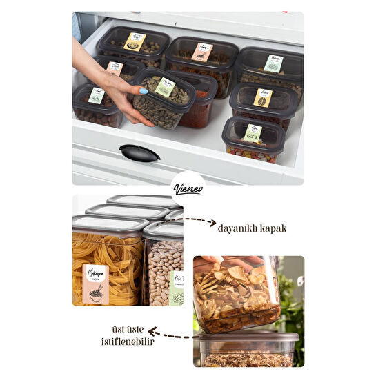 Vienev Renkli Etiketli 6lı Peggy Dikdörtgen Saklama Kabı Seti 2x(1500-1150-800 Ml) Antrasit