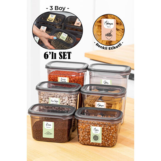Vienev Renkli Etiketli 6lı Peggy Dikdörtgen Saklama Kabı Seti 2x(1500-1150-800 Ml) Antrasit
