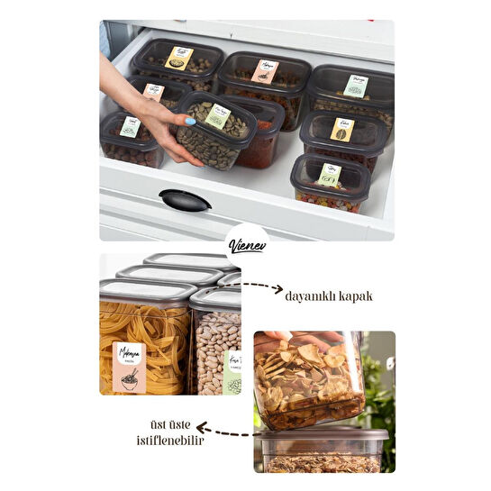 Vienev Renkli Etiketli 8li Set Peggy Dikdörtgen Saklama Kabı 1,3 Litre Antrasit