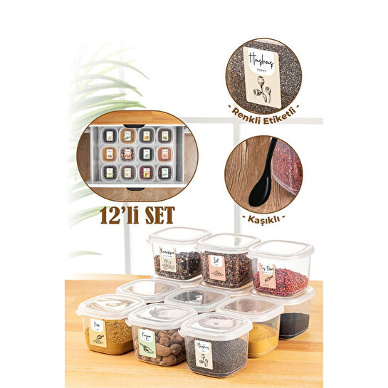 Vienev Renkli Etiketli Kaşıklı 12li 0,55 Litre Peggy Kare Baharat Saklama Kabı Beyaz