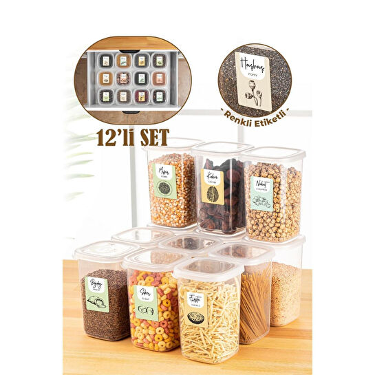 Vienev Renkli Etiketli 12li 1,2 Litre Peggy Kare Erzak Saklama Kabı Beyaz