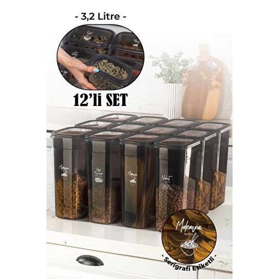 Vienev Beyaz Serigrafi Etiketli 12li Set Peggy Şeffaf Kapaklı Uzun Dikdörtgen Saklama Kabı 3,2 Litre