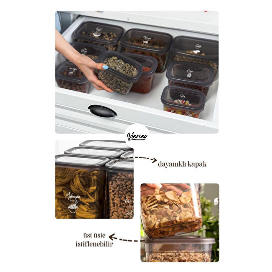 Vienev Beyaz Serigrafi Etiketli 12li Set Peggy Şeffaf Kapaklı Uzun Dikdörtgen Saklama Kabı 3,2 Litre