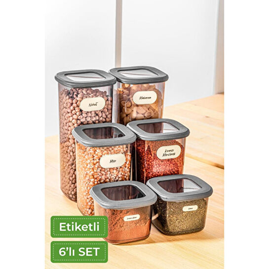 Vienev Etiketli Kare Erzak Saklama Kabı 6'lı Set 2x(0,55 Litre, 1,2 Litre, 1,75 Litre) Antrasit