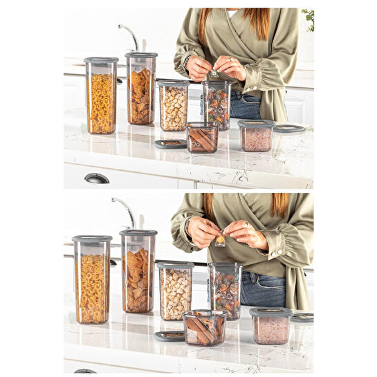 Vienev Etiketli Kare Erzak Saklama Kabı 6'lı Set 2x(0,55 Litre, 1,2 Litre, 1,75 Litre) Antrasit