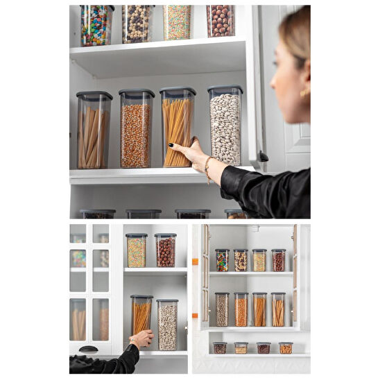 Vienev Etiketli Kare Erzak Saklama Kabı 6'lı Set 2x(0,55 Litre, 1,2 Litre, 1,75 Litre) Antrasit