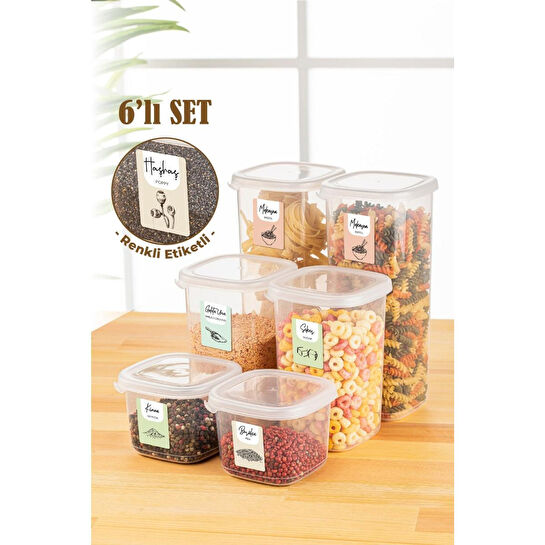 Vienev Renkli Etiketli 6lı Peggy Kare Erzak Saklama Kabı 2x(0,55 Litre, 1,2 Litre, 1,75 Litre) Beyaz