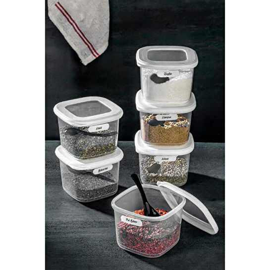 Vienev Etiketli Kaşıklı Kare Erzak Saklama Kabı 6'lı Set Küçük Boy 0,55 Litre Beyaz