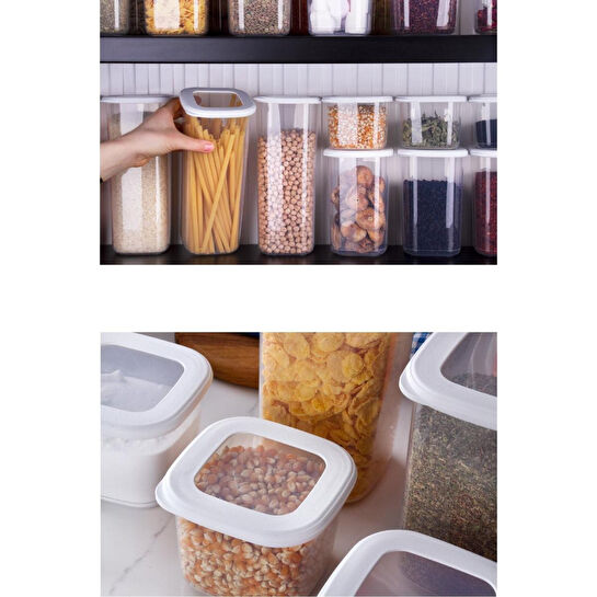 Vienev Etiketli Kaşıklı Kare Erzak Saklama Kabı 6'lı Set Küçük Boy 0,55 Litre Beyaz