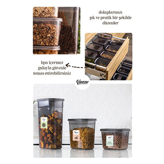 Vienev Renkli Etiketli 24lü Set Peggy Dikdörtgen Saklama Kabı 8x(1,3-2-3,2 Litre) Antrasit