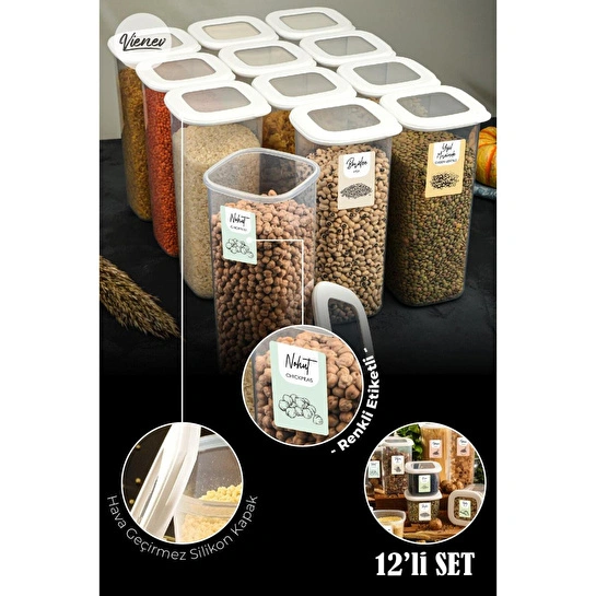 Vienev Renkli Etiketli Kare Erzak Saklama Kabı 12li Set 1,75 Litre Beyaz