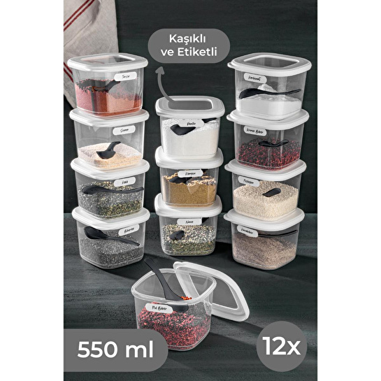 Vienev Foly 12'li Set Küçük Boy 0,55 Litre Etiketli Kaşıklı Kare Erzak Saklama Kabı Beyaz